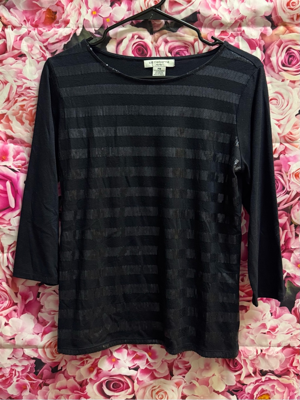 Liz Claiborne Navy Blue Sequin Stripe Long Sleeve Top